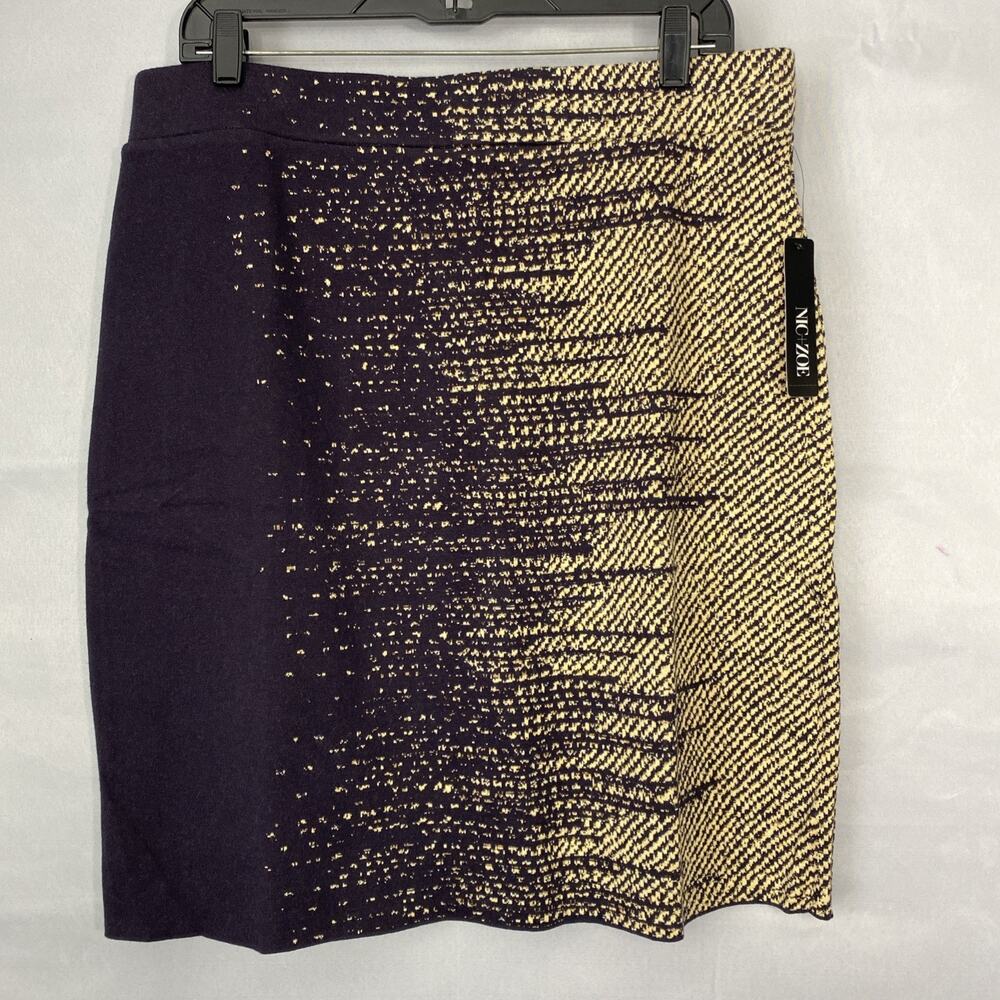 NWT $128 NIC+ZOE SKIRT L Plum Purple Beige Print Stretch Straight Career Pull On